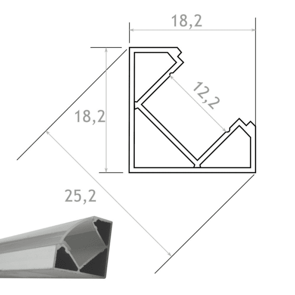 Perfil Aluminio Tira Led Esquina 2 mt Con Tapa Traslúcida 18,2x18,2mm