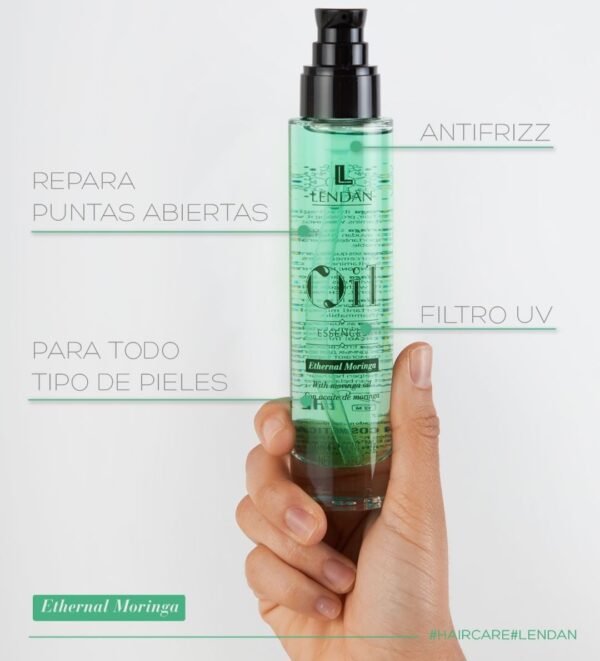 ETHERNAL MORINGA: lendan_cosmetics ¿Cabello seco, sin elasticidad ni suavidad? ETHERNAL MORINGA se ha convertido en uno de los tratamientos más buscados. ACCIÓN REPARADORA: combate la sequedad y proporciona elasticidad, suavidad y mejora la peinabilidad del cabello. ACCIÓN ANTIOXIDANTE: protege la fibra capilar de agentes externos. Frena el proceso de oxidación, aportando más luminosidad y brillo. ACCIÓN NUTRITIVA: repara las zonas dañadas del cabello, fortalece el cabello y estimula su crecimiento natural. Evita la aparición de puntas abiertas.