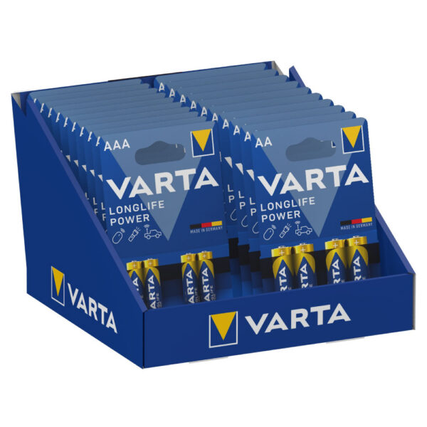 EXPOSITOR DE CARTON DE SOBREMESA DE PILAS VARTA "LONG LIFE" 10 BLISTERS 4xAAA LR03 +10  BLISTERS 4xAA LR06 VARTA 27x18x17cm