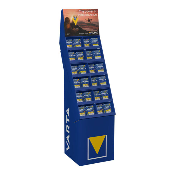 EXPOSITOR DE CARTON DE PILAS VARTA "ENERGY" 52 BLISTERS 6xAAA LR03 + 100 BLISTERS 6xAA LR06 VARTA 40x40x148cm