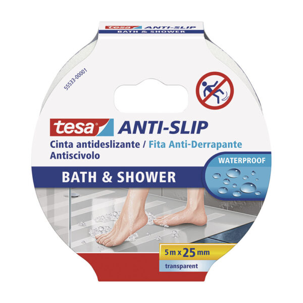 CINTA ANTIDESLIZANTE BAÑO Y DUCHA 5m x 25mm TRANSPARENTE. 55533 TESA