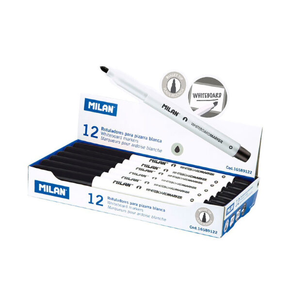 CAJA DE 12 ROTULADORES NEGROS Ø3,7mm PARA PIZARRA BLANCA MILAN