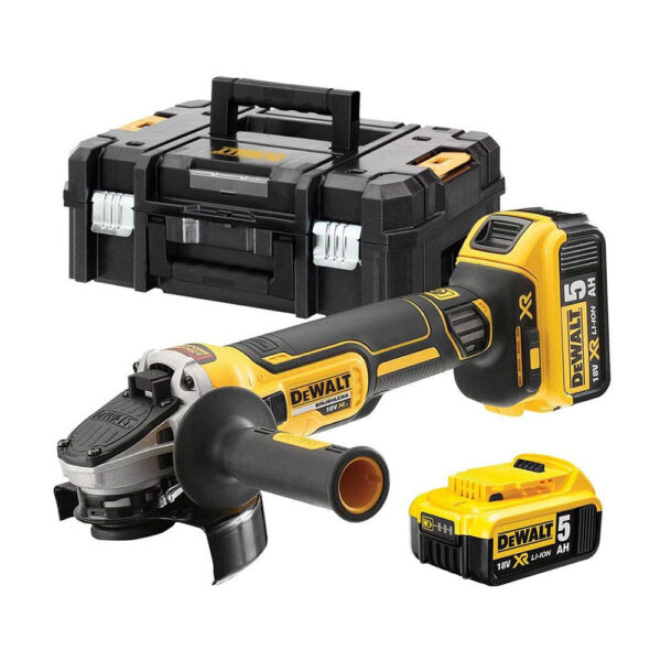 MINI-AMOLADORA SIN ESCOBILLAS XR 18V 125mm CON 2 BATERÍAS Li-Ion 5AH, CARGADOR Y MALETÍN TSTAK II DCG405P2-QW DEWALT