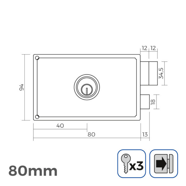 CERRADURA DERECHA 80mm 3 LLAVES INCLUIDAS - Imagen 2