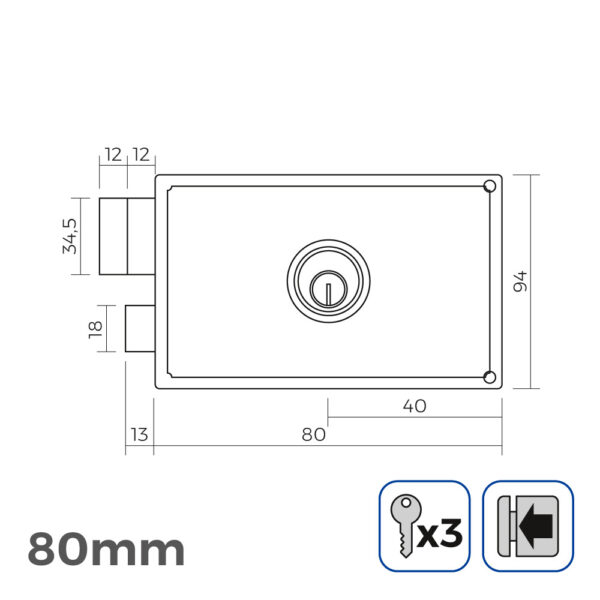 CERRADURA IZQUIERDA 80 mm 3 LLAVES INCLUIDAS - Imagen 2