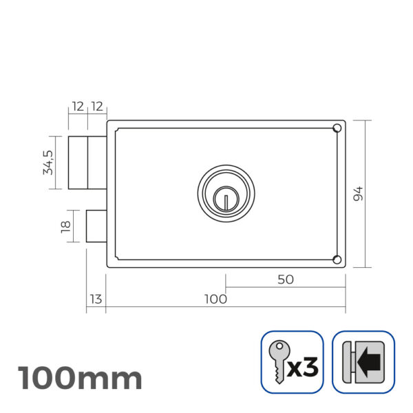 CERRADURA IZQUIERDA 100mm 3 LLAVES INCLUIDAS - Imagen 2