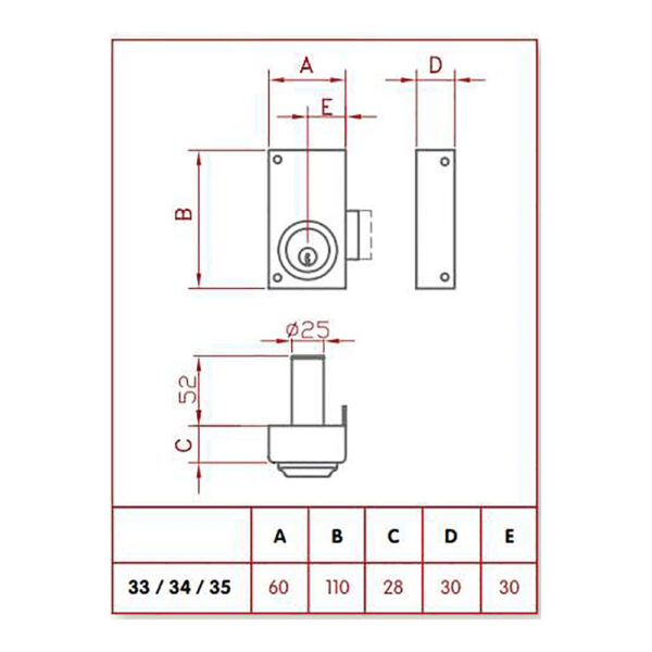 CERRADURA DE SOBREPONER SOLO LLAVE. DERECHA JIS 33-6D JIS - Imagen 2